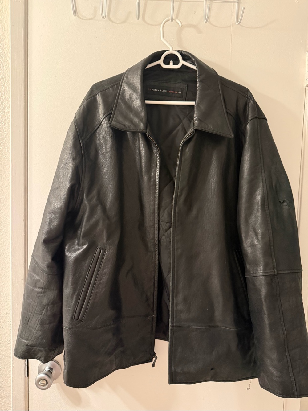 Perry Ellis Black Leather Bomber Jacket